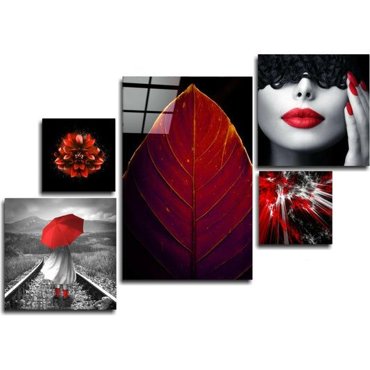 Five-piece glass wall art collection featuring red accents on black backgrounds, including flowers, a leaf, an umbrella, a portrait, and an abstract design.