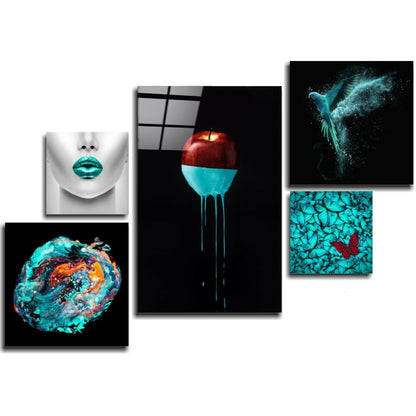 Five turquoise and red glass wall art panels arranged in an asymmetrical gallery display on white background.