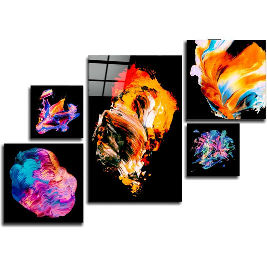 Five colorful abstract glass wall art panels arranged in an offset layout on white background, featuring vibrant orange, blue, pink, and yellow painted designs on black glass.