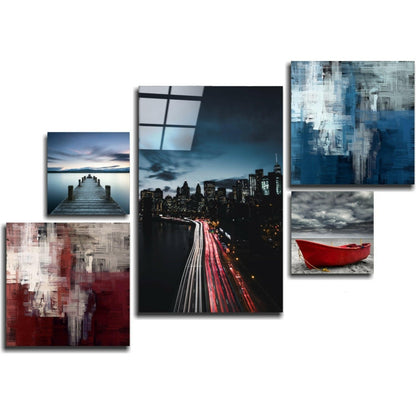 Abstract blue and white textured glass wall art with layered geometric patterns and vertical streaking effects.