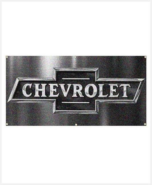 Front view of a grey metallic banner showing a silver Chevrolet bowtie logo with CHEVROLET lettering and corner grommets.