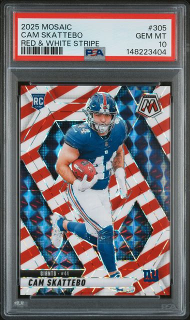 PSA-graded 2025 Mosaic Cam Skattebo rookie card #305 displaying red and white striped design with football player in blue uniform.