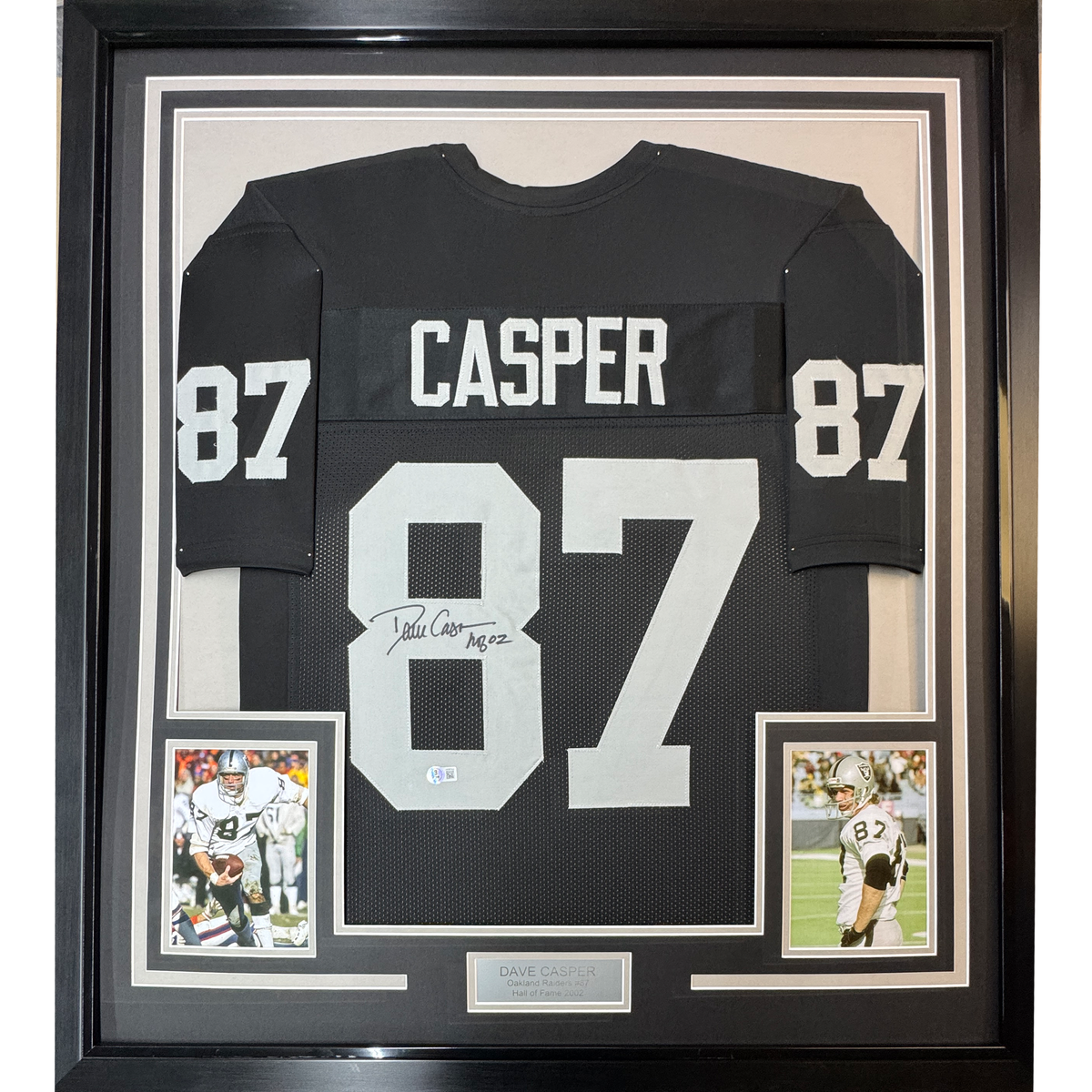 Framed Autographed/Signed Dave Casper 35x39 HOF 02 Oakland Raiders Black Football Jersey Beckett BAS COA
