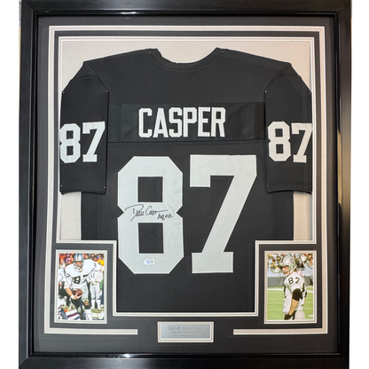 Framed Autographed/Signed Dave Casper 35x39 HOF 02 Oakland Raiders Black Football Jersey Beckett BAS COA