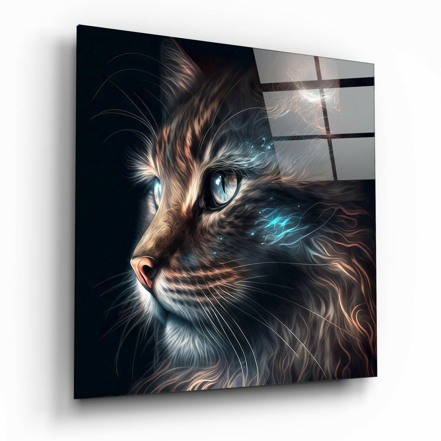 Angled view of glass wall art featuring an illuminated cat portrait with striking blue eyes, warm brown and white fur, against dark background with geometric grid pattern overlay.