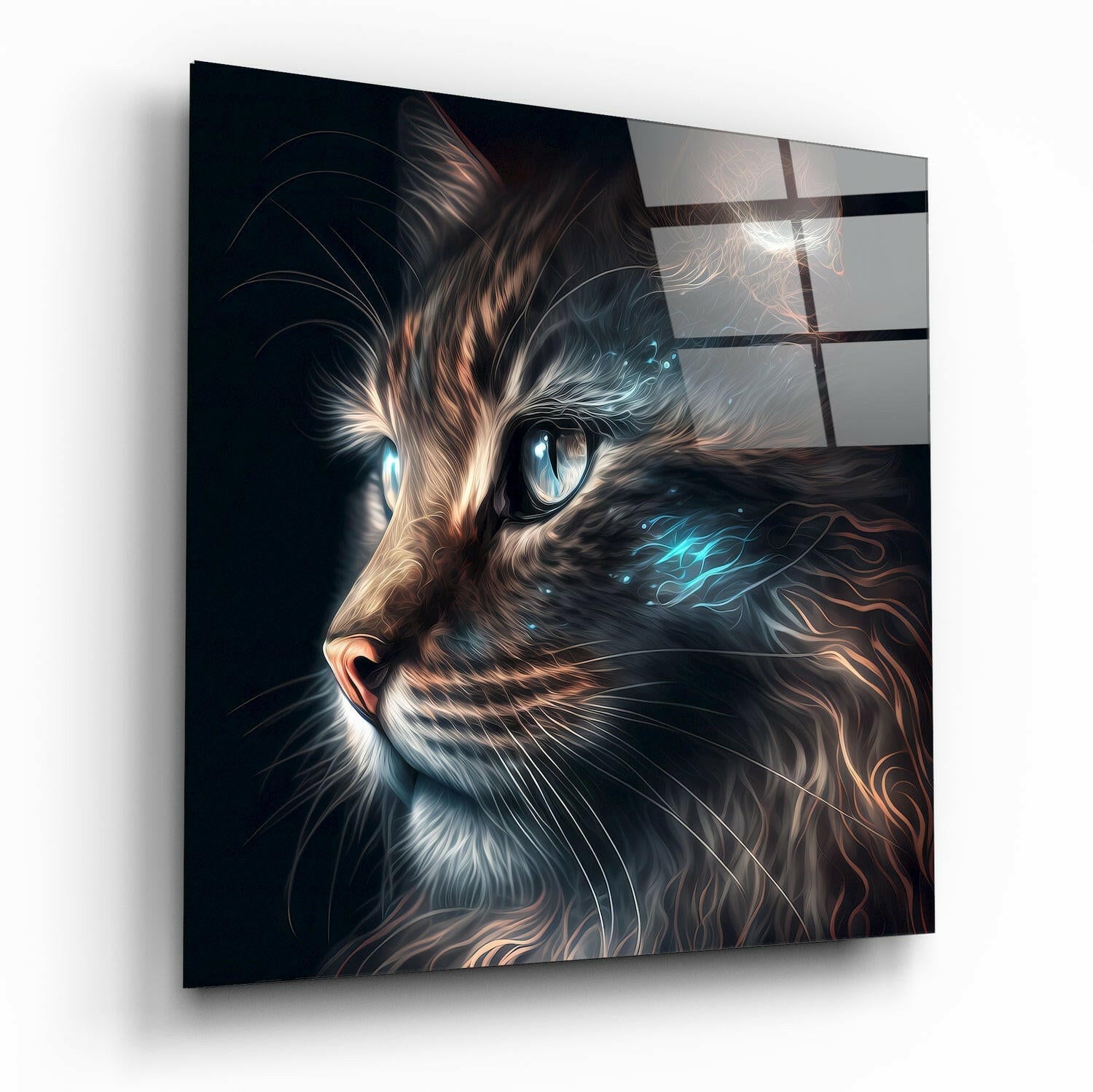 Angled view of glass wall art featuring an illuminated cat portrait with striking blue eyes, warm brown and white fur, against dark background with geometric grid pattern overlay.