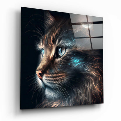 Angled view of glass wall art featuring an illuminated cat portrait with striking blue eyes, warm brown and white fur, against dark background with geometric grid pattern overlay.