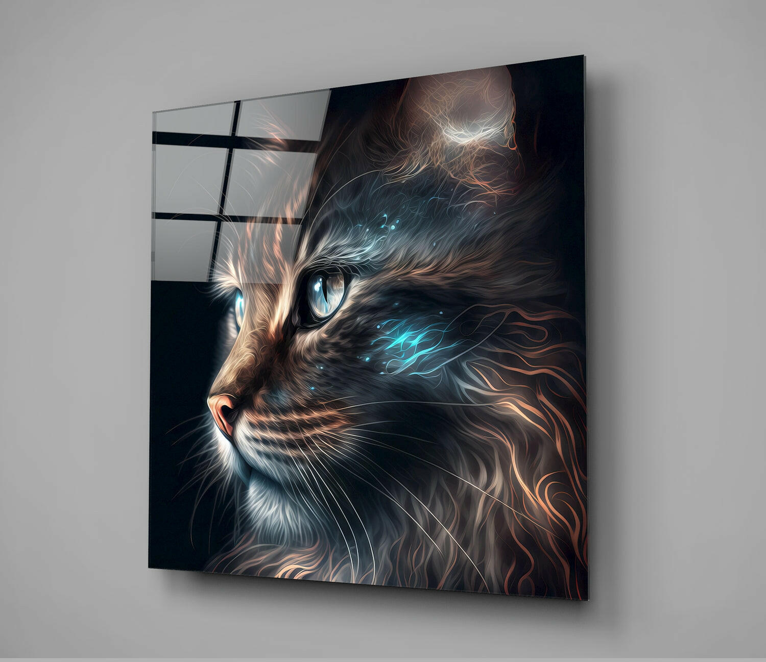 Angled view of glass wall art depicting a long-haired cat with striking blue eyes and warm brown and orange fur tones against dark background.