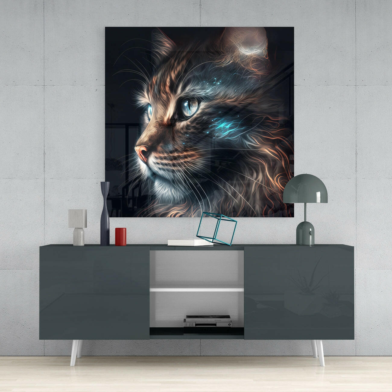 Illuminated cat glass wall art with glowing blue eyes displayed above a dark gray media console in a modern interior setting.