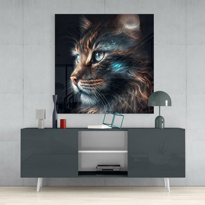 Illuminated cat glass wall art with glowing blue eyes displayed above a dark gray media console in a modern interior setting.