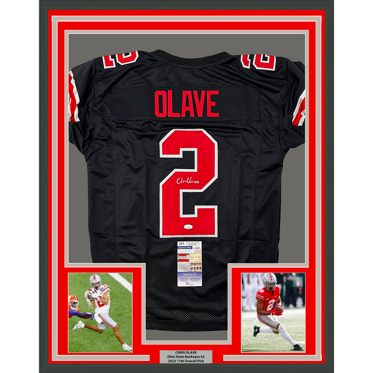 Framed Autographed/Signed Chris Olave 35x39 Ohio State Buckeyes Black College Football Jersey JSA COA
