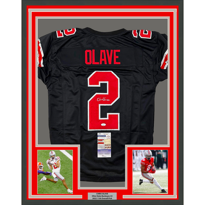 Framed Autographed/Signed Chris Olave 35x39 Ohio State Buckeyes Black College Football Jersey JSA COA