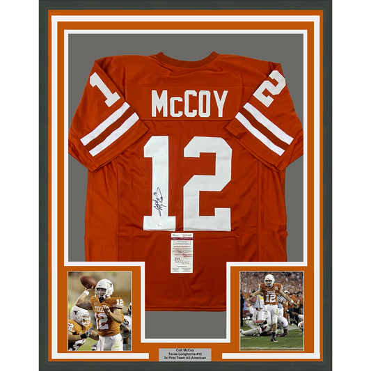 Framed burnt orange Texas Longhorns #12 McCoy jersey with white lettering, flanked by two action photos and JSA authentication certificate.