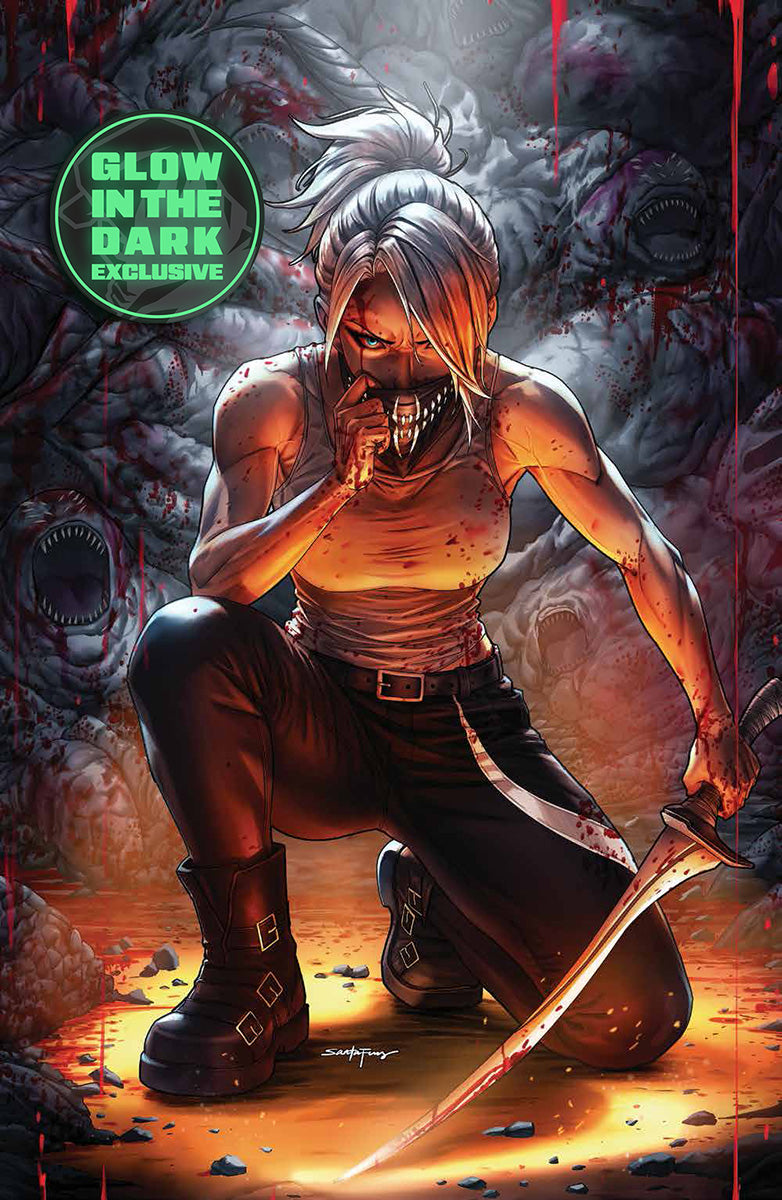 Silver-haired woman kneeling with a bloody blade, toothy monsters behind her, and a "Glow in the Dark Exclusive" badge at upper left.