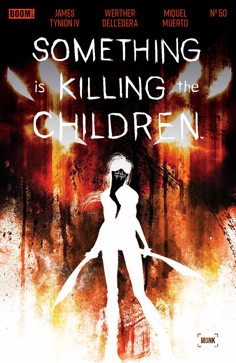Front cover of a comic showing a white silhouetted figure holding two blades against red and orange splatter.