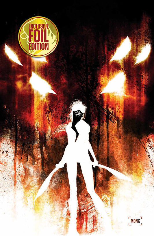 Front cover of a white silhouetted figure with a black masked face holding blades; gold badge reads "Exclusive Foil Edition.