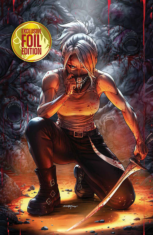 Comic cover showing a kneeling white-haired woman with a bloody knife, fleshy toothed creatures behind her, and an "EXCLUSIVE FOIL EDITION" badge.