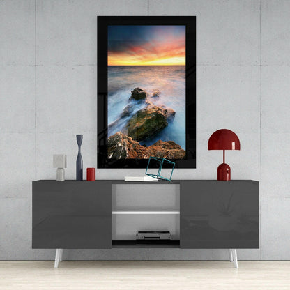 Misty Coastal Rocks Sunset Glass Wall Art