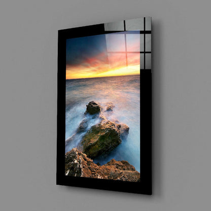 Misty Coastal Rocks Sunset Glass Wall Art