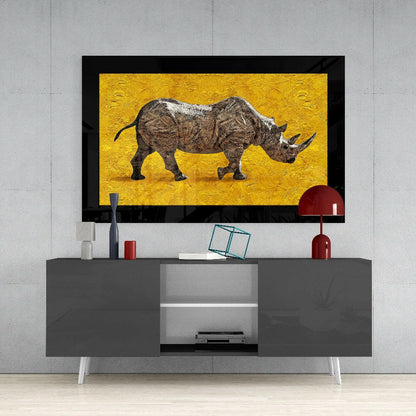 Yellow Impasto Walking Rhino Glass Wall Art