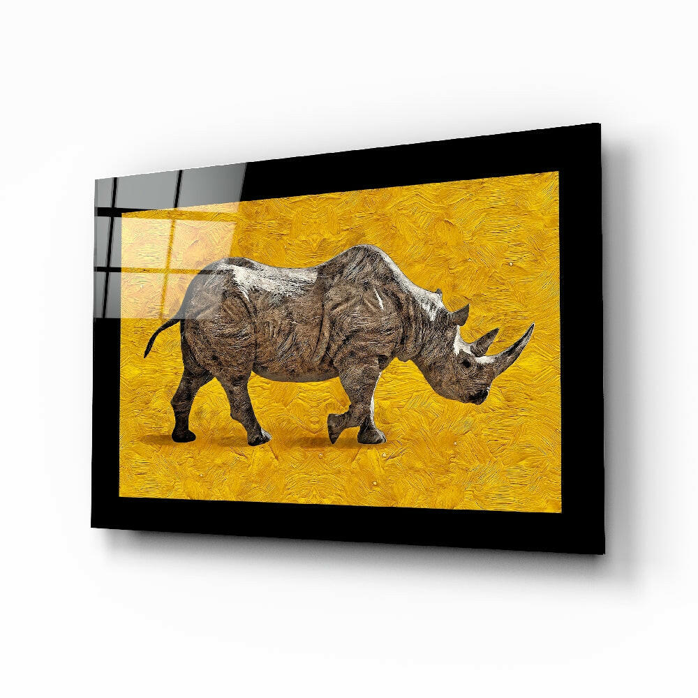 Yellow Impasto Walking Rhino Glass Wall Art
