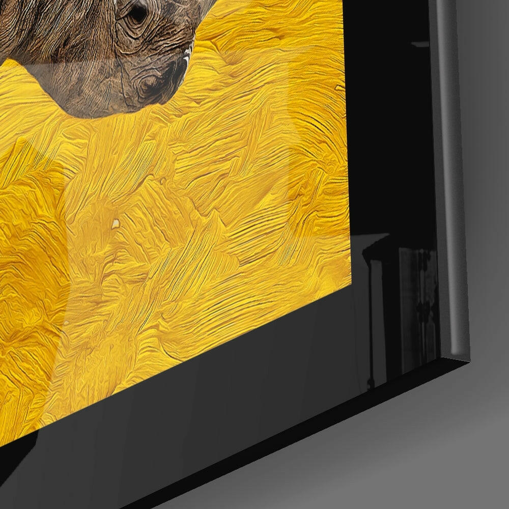 Yellow Impasto Walking Rhino Glass Wall Art