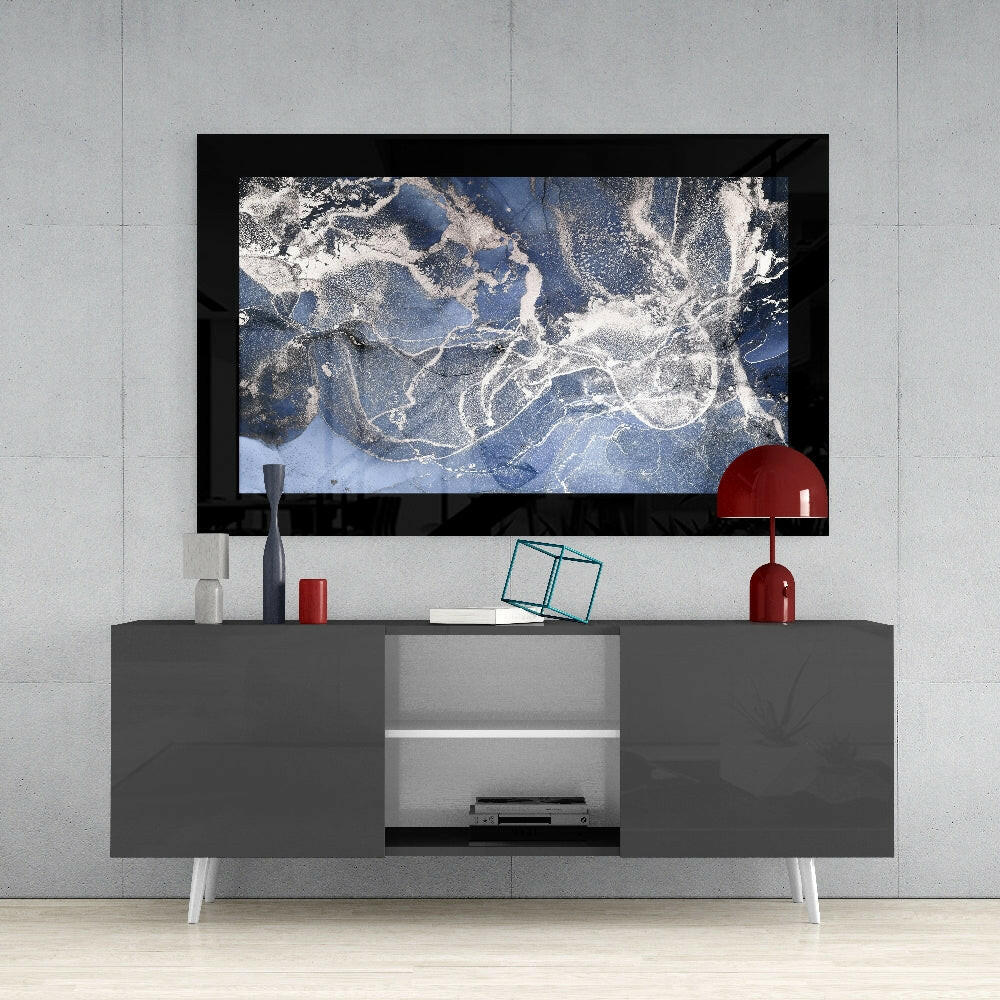 Blue Quartz Glass Wall Art displayed on a mounted TV screen above a modern grey entertainment unit with white legs and red decorative accessories.