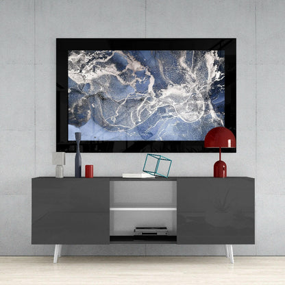 Blue Quartz Glass Wall Art displayed on a mounted TV screen above a modern grey entertainment unit with white legs and red decorative accessories.