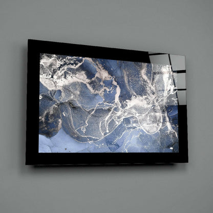 Blue Quartz Glass Wall Art mounted on gray wall, displaying aerial landscape view with white rivers and blue tones.