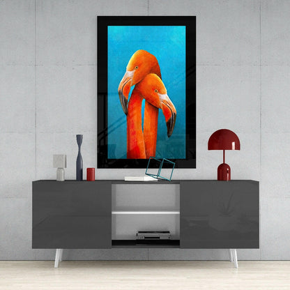 Entwined Necks Flamingo Duo On Teal Glass Wall Art