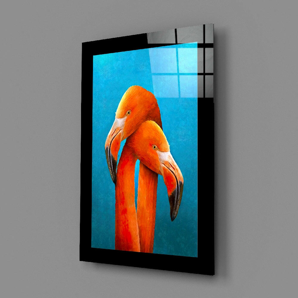Entwined Necks Flamingo Duo On Teal Glass Wall Art
