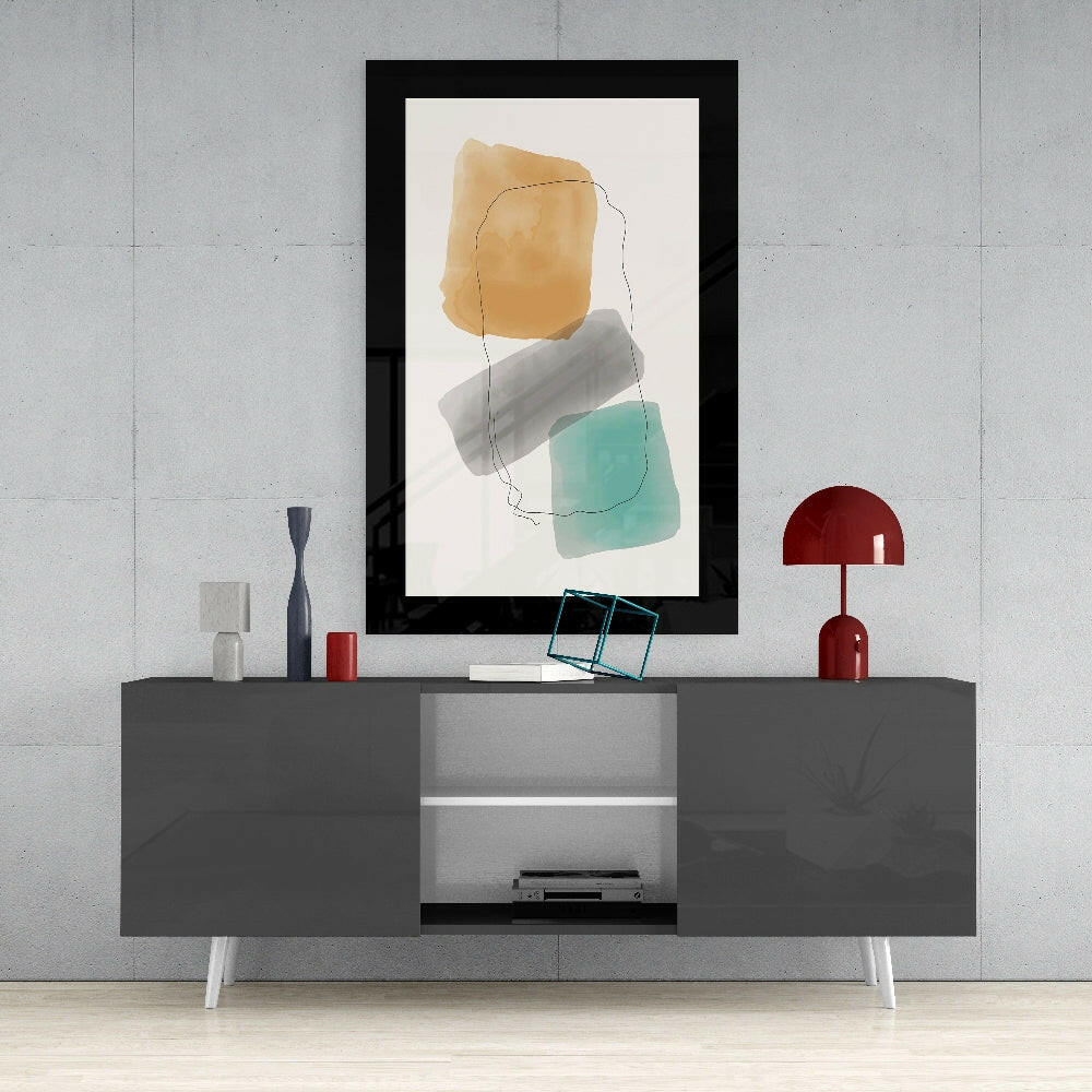 Amber Gray Teal Blocks Line Glass Wall Art