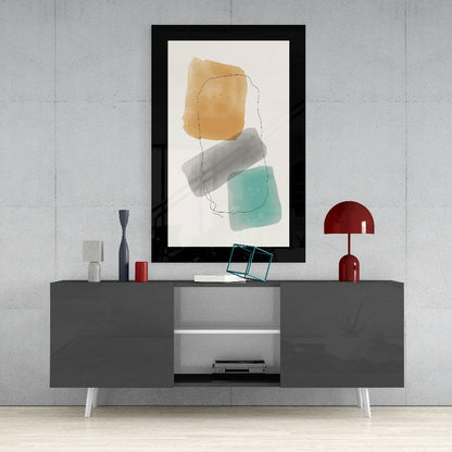 Amber Gray Teal Blocks Line Glass Wall Art