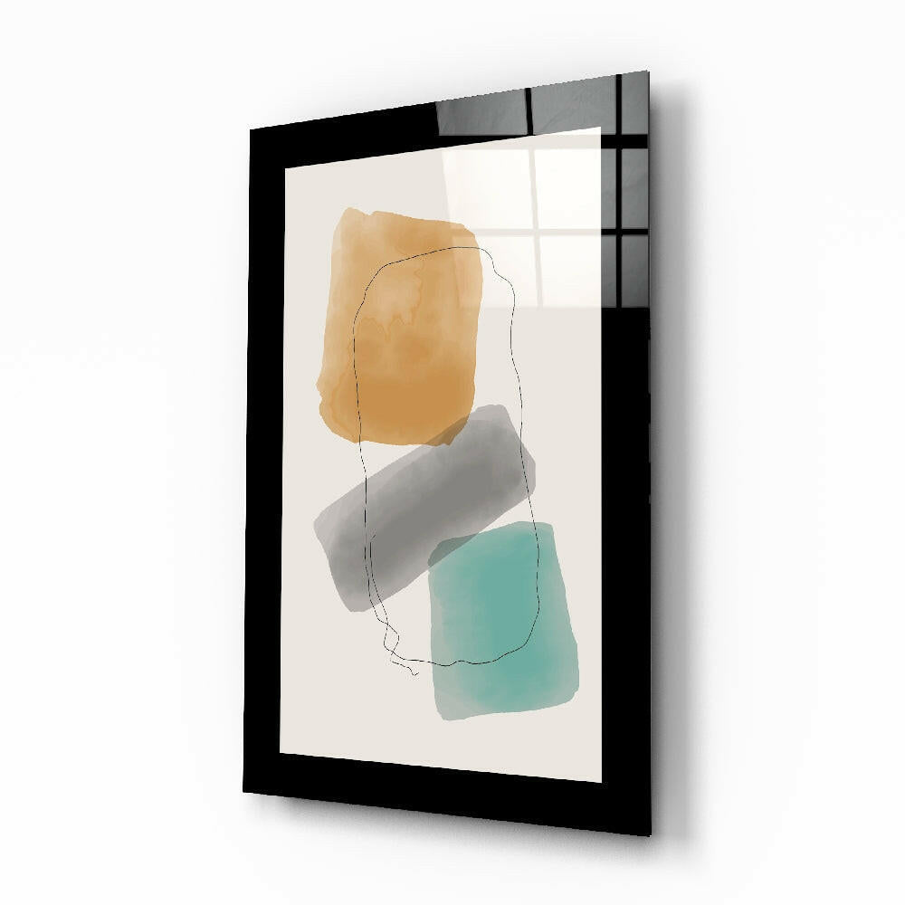 Amber Gray Teal Blocks Line Glass Wall Art