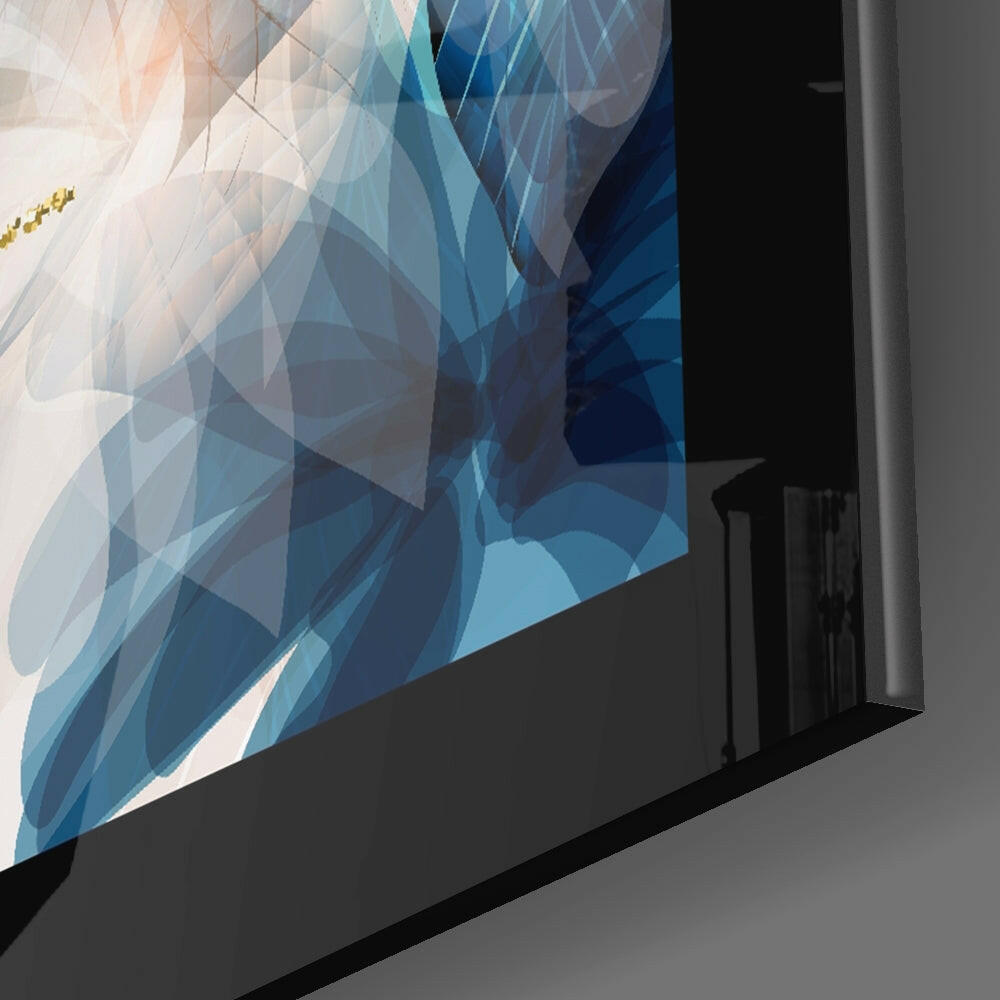 Modern glass wall art featuring layered translucent leaves in blue and cream tones, angled perspective view showing depth and dimensional effect.