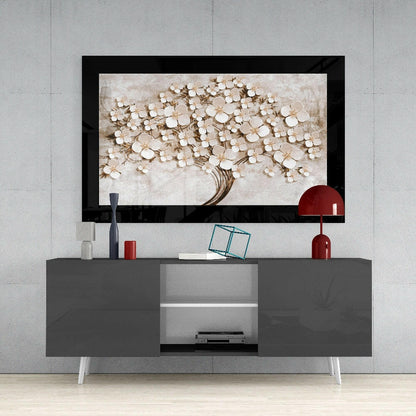 White Petal Tree On Stone Wall Tree of Life Glass Wall Art
