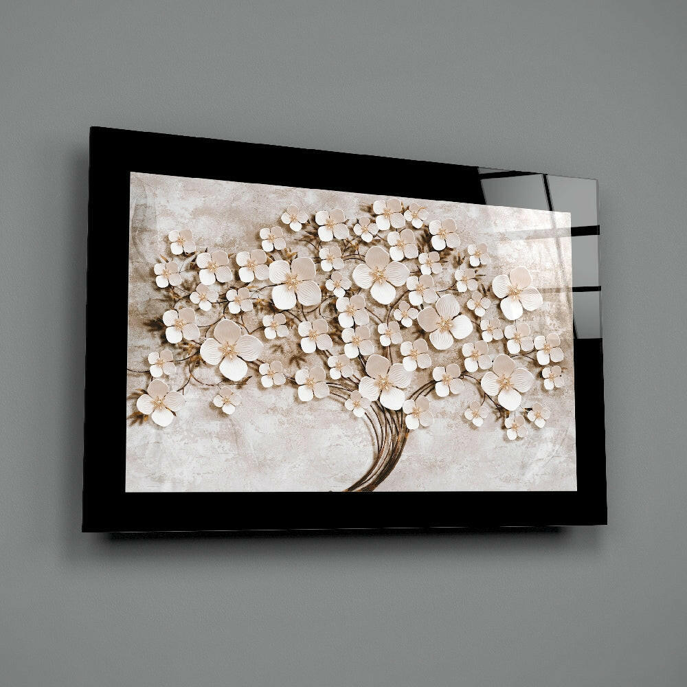 White Petal Tree On Stone Wall Tree of Life Glass Wall Art