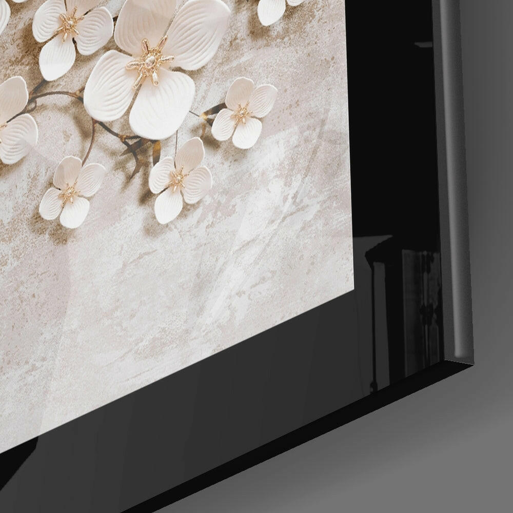 White Petal Tree On Stone Wall Tree of Life Glass Wall Art