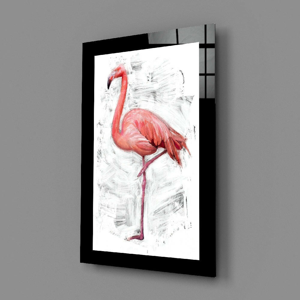 Black-framed glass wall art displaying a red flamingo illustration with grey sketch-style background, mounted on grey wall at an angle.