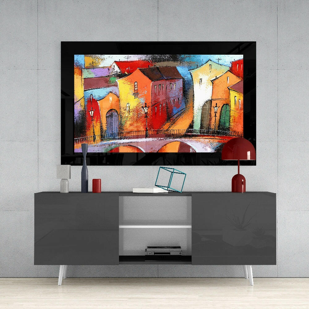 Vivid Old Town Bridge Houses Glass Wall Art