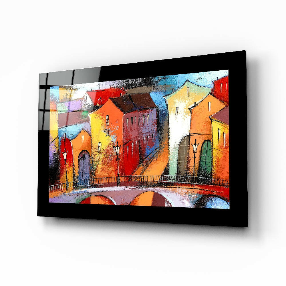 Vivid Old Town Bridge Houses Glass Wall Art
