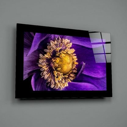 Wall-mounted glass art displaying a vibrant purple passionflower with golden yellow center detail mounted on gray wall.