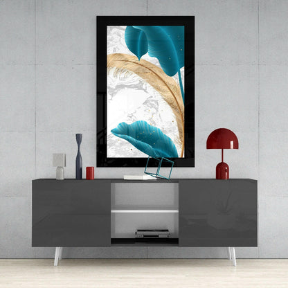 Framed turquoise and gold leaf glass art displayed above a gray media console in a modern living room setting.