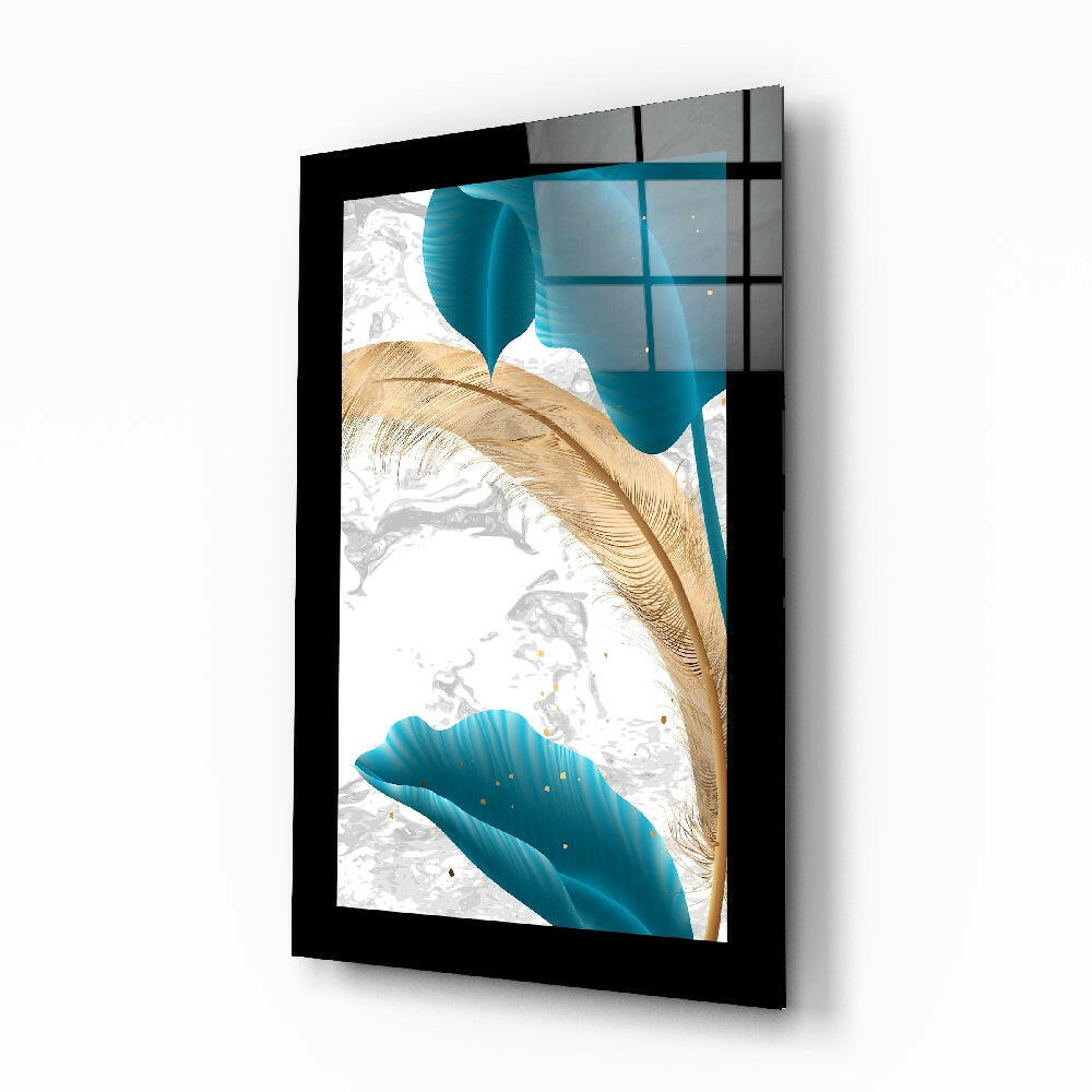 Three-dimensional angled view of framed glass wall art featuring turquoise fluid shapes and gold leaf accents against white background.