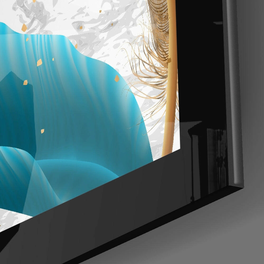 Angled side view of turquoise and white glass wall art with gold leaf accents and black frame edge visible.