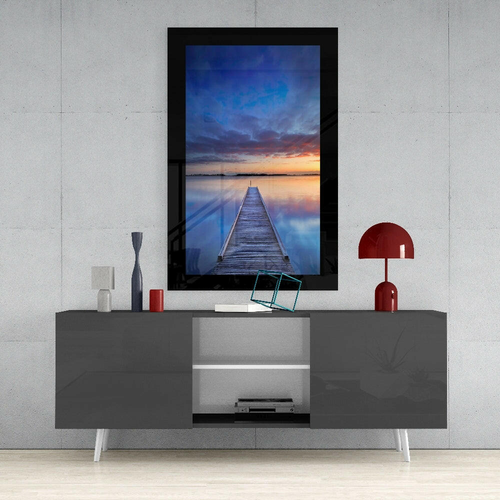 Long Jetty Into Blue Dusk Lake Glass Wall Art