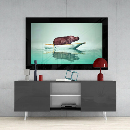 Hippo in Rowboat on Turquoise Sea Glass Wall Art