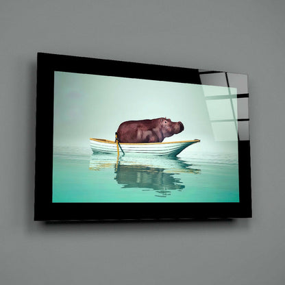 Hippo in Rowboat on Turquoise Sea Glass Wall Art