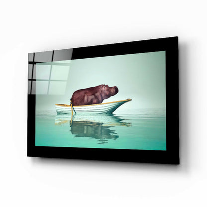 Hippo in Rowboat on Turquoise Sea Glass Wall Art