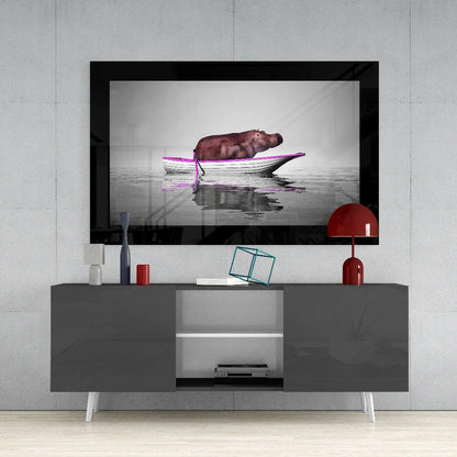 Hippo in Pink Trimmed Boat on Gray Glass Wall Art